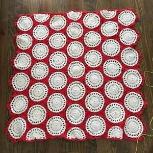 Crocheted Square Afghan/ Lap Throw 40” X 40” Cottage Core Red White